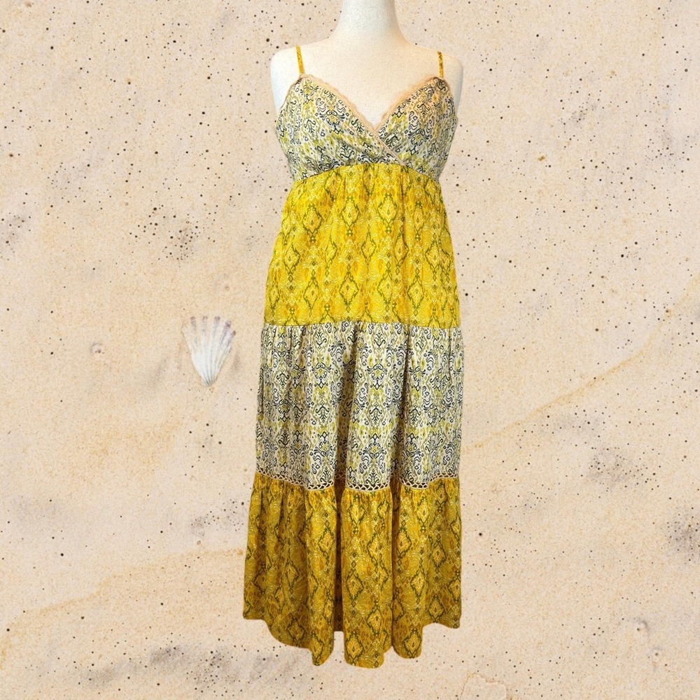 Francesca's 100% Cotton Boho Tiered Babydoll Maxi Dress M Tie Back Pockets - Picture 5 of 15